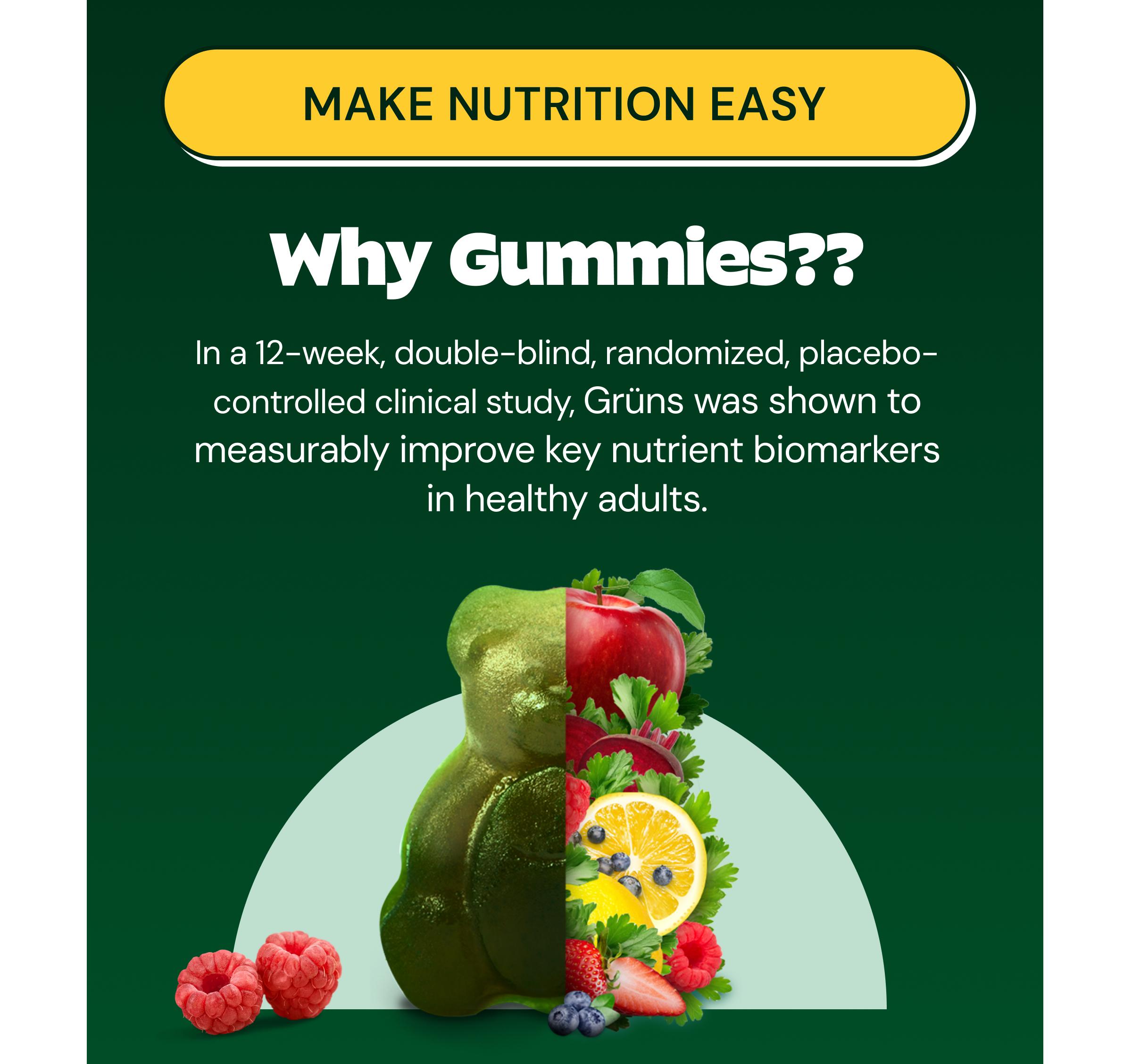 Button: Make Nutrition Easy. Why Gummies?? in a 12-Week, Double-Blind, Randomized, Placebo-Controlled Clinical Study, Grüns Was Shown to Measurably Improve Key Nutrient Biomarkers in Healthy Adults.