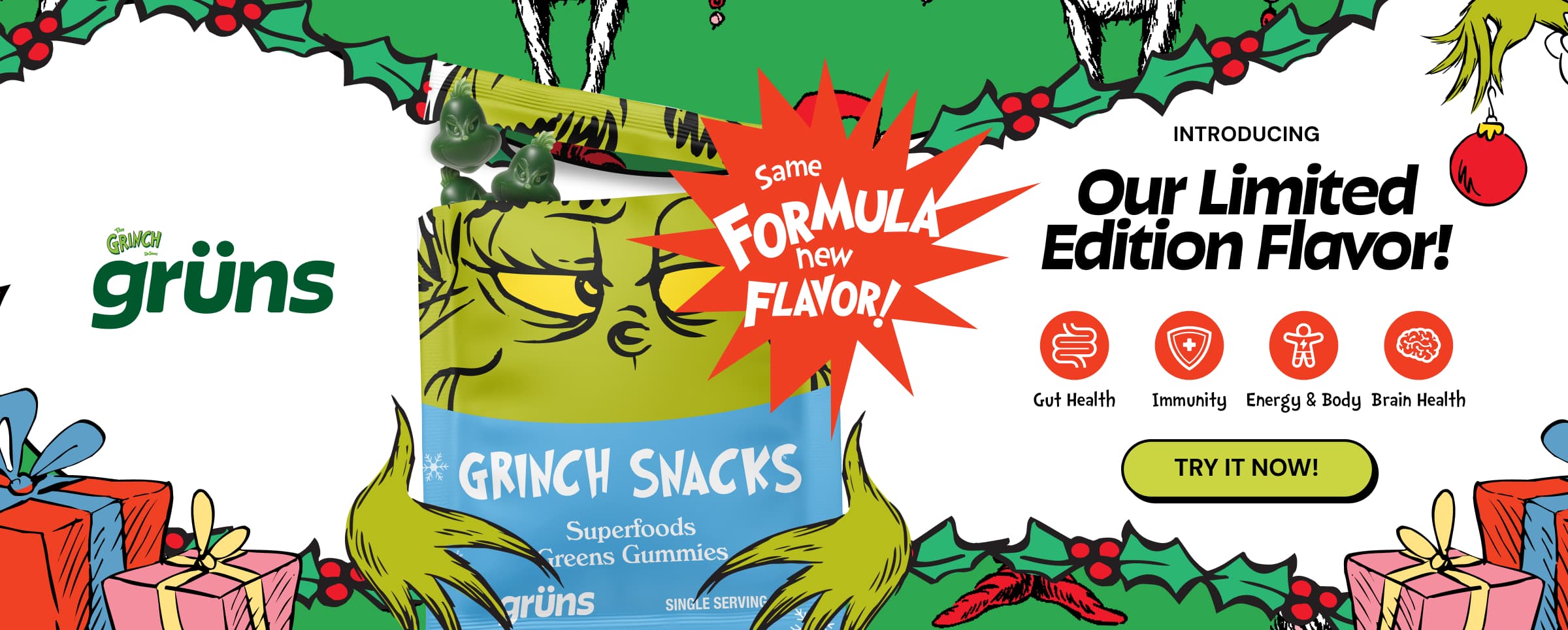 Introducing Our Limited Edition Flavor! Gut Health, Immunity, Energy & Body, Brain Health. Button: Try It Now!