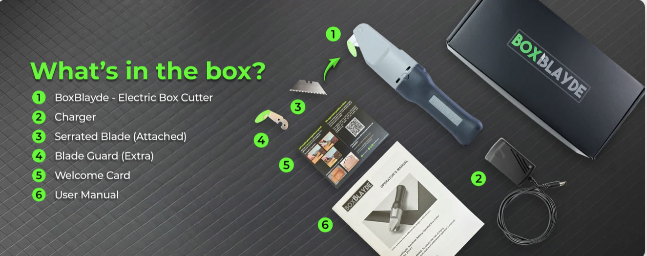 What's in the box: BoxBlayde Electric Box Cutter, charger, serrated blade (attached), blade guard (extra), welcome card, and user manual.