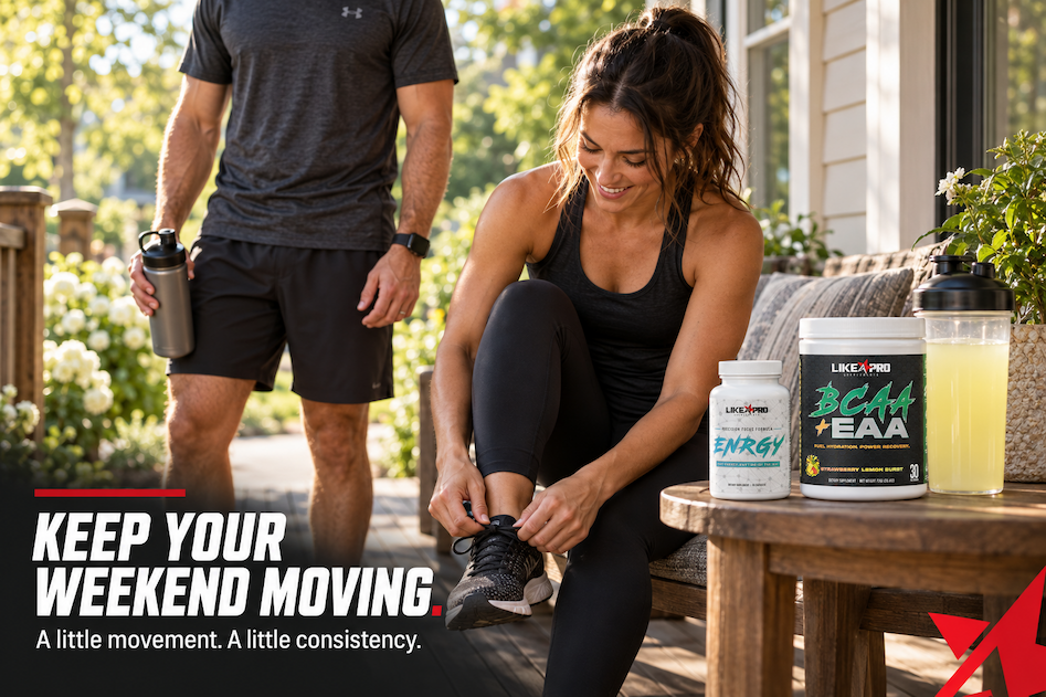 Keep your weekend moving: adults preparing for a walk with ENRGY and BCAA + EAA nearby.