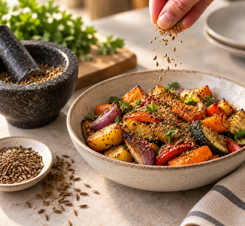 Crushed toasted cumin being sprinkled over roasted vegetables.