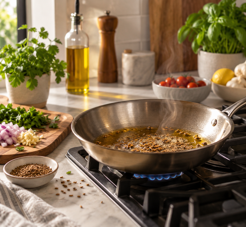 Two-pan cumin test showing one pan with cumin added normally and another with cumin bloomed in oil.