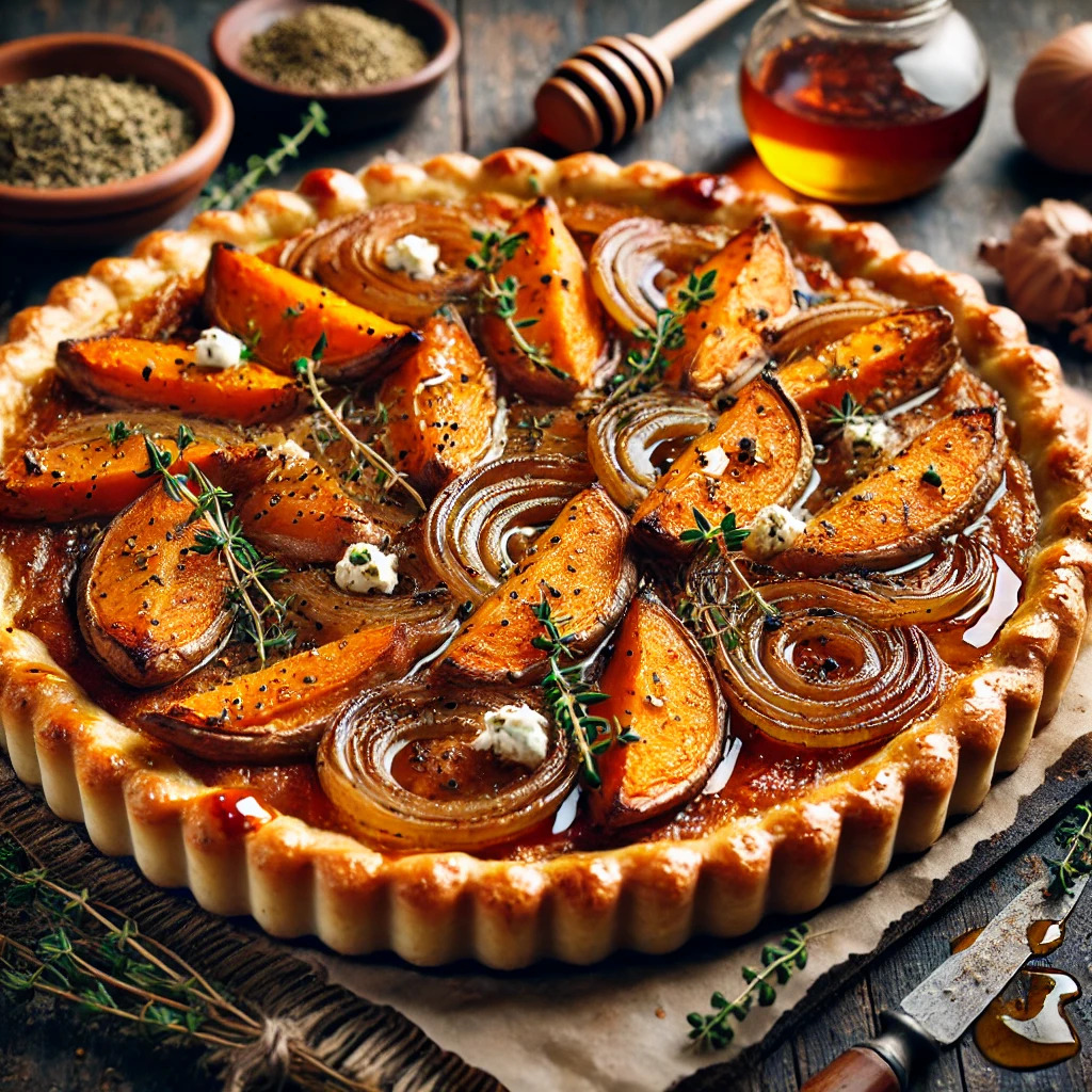 Cumin Spiced Sweet Potato and Caramelized Onion Tart