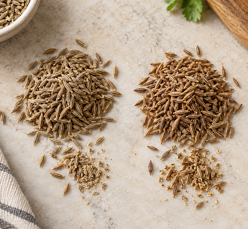 Side by side comparison of untoasted and toasted cumin seeds.