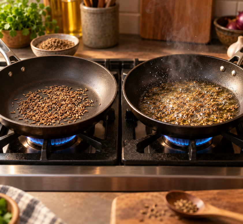 Cumin blooming in warm oil with spices and kitchen ingredients nearby.