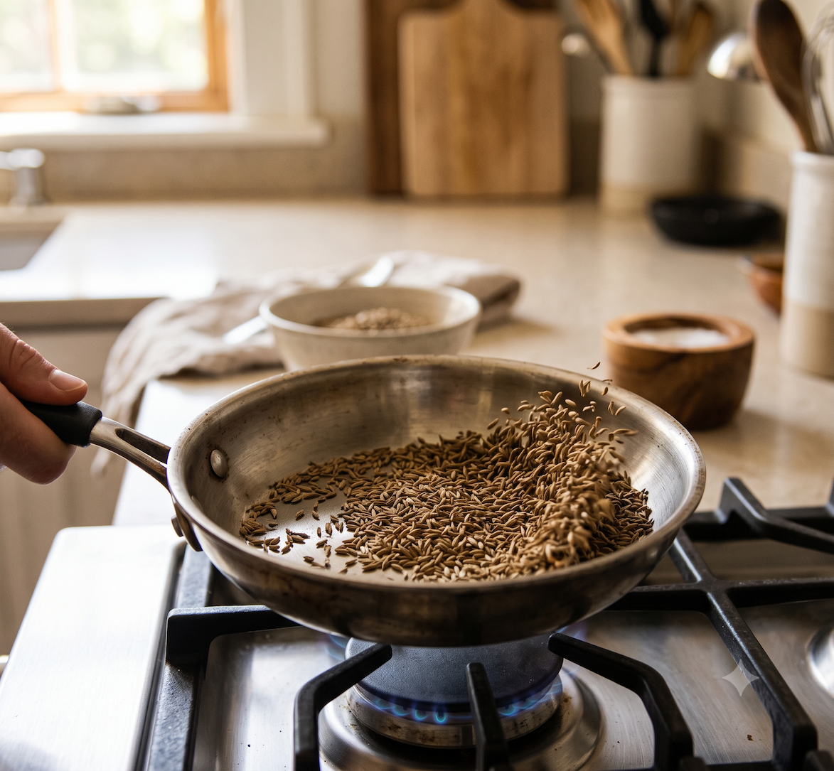 Whole cumin seeds dry-toasting in a skillet in a modern home kitchen.