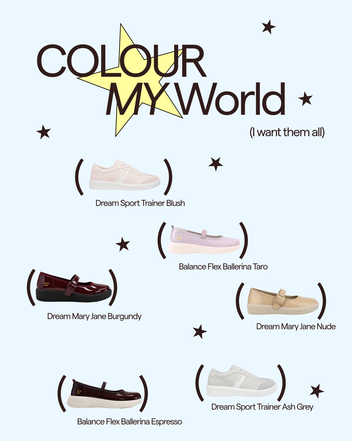 COLOUR MY WORLD — the six new Sunnystep colourways.