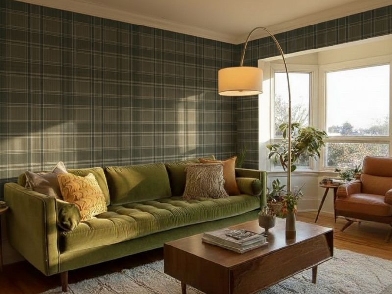 Modern living room featuring patterned wallpaper on a feature wall