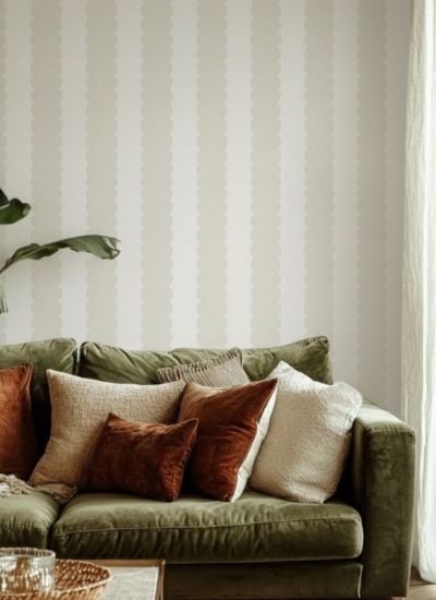 After: refreshed room with patterned wallpaper