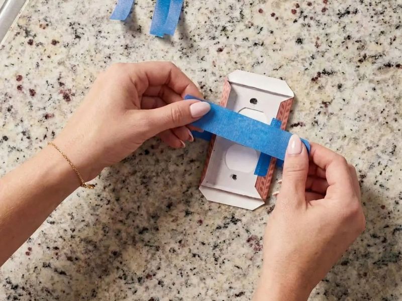 Wallpapered outlet cover blending into patterned wallpaper