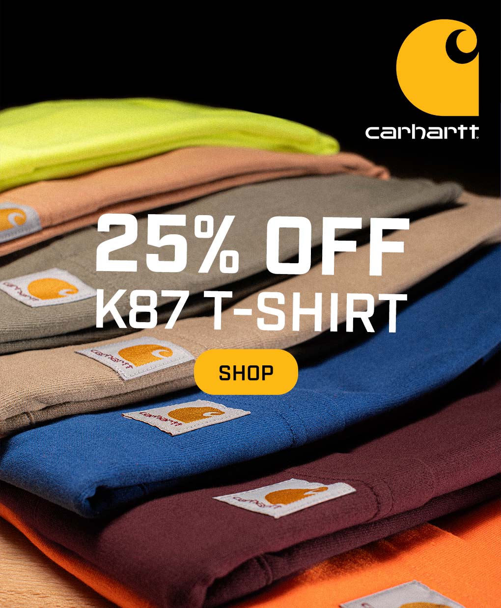 Carhartt K87 Tees stacked on top of one another. 