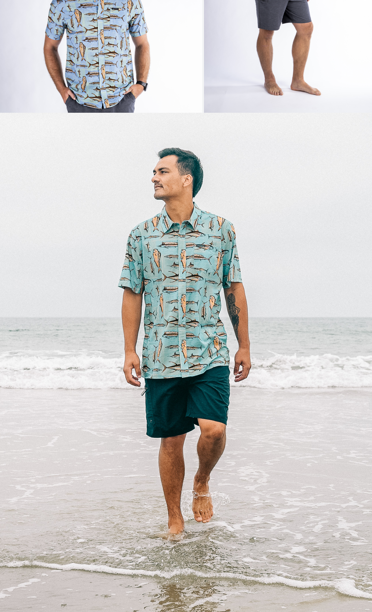Drew and Kevin featuring the Maui Rippers Aloha Shirt in Grey and Blue