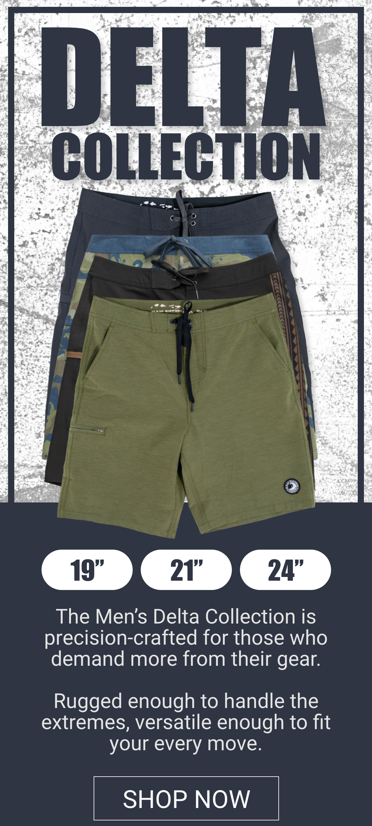 The Delta Collection featuring - The Core 21 In Black, The Reef Camo 21", The Tribal Black 21" and the Moss Hybrid 21"