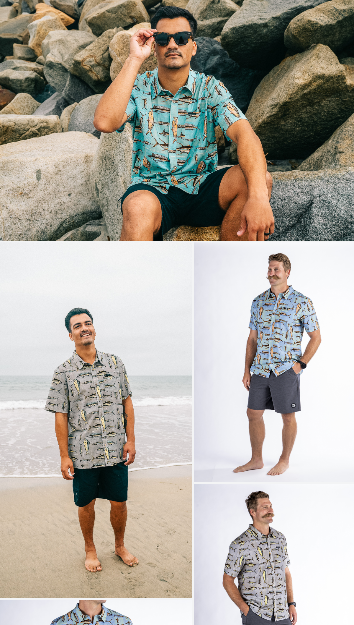 Drew and Kevin featuring the Maui Rippers Aloha Shirt in Grey and Blue