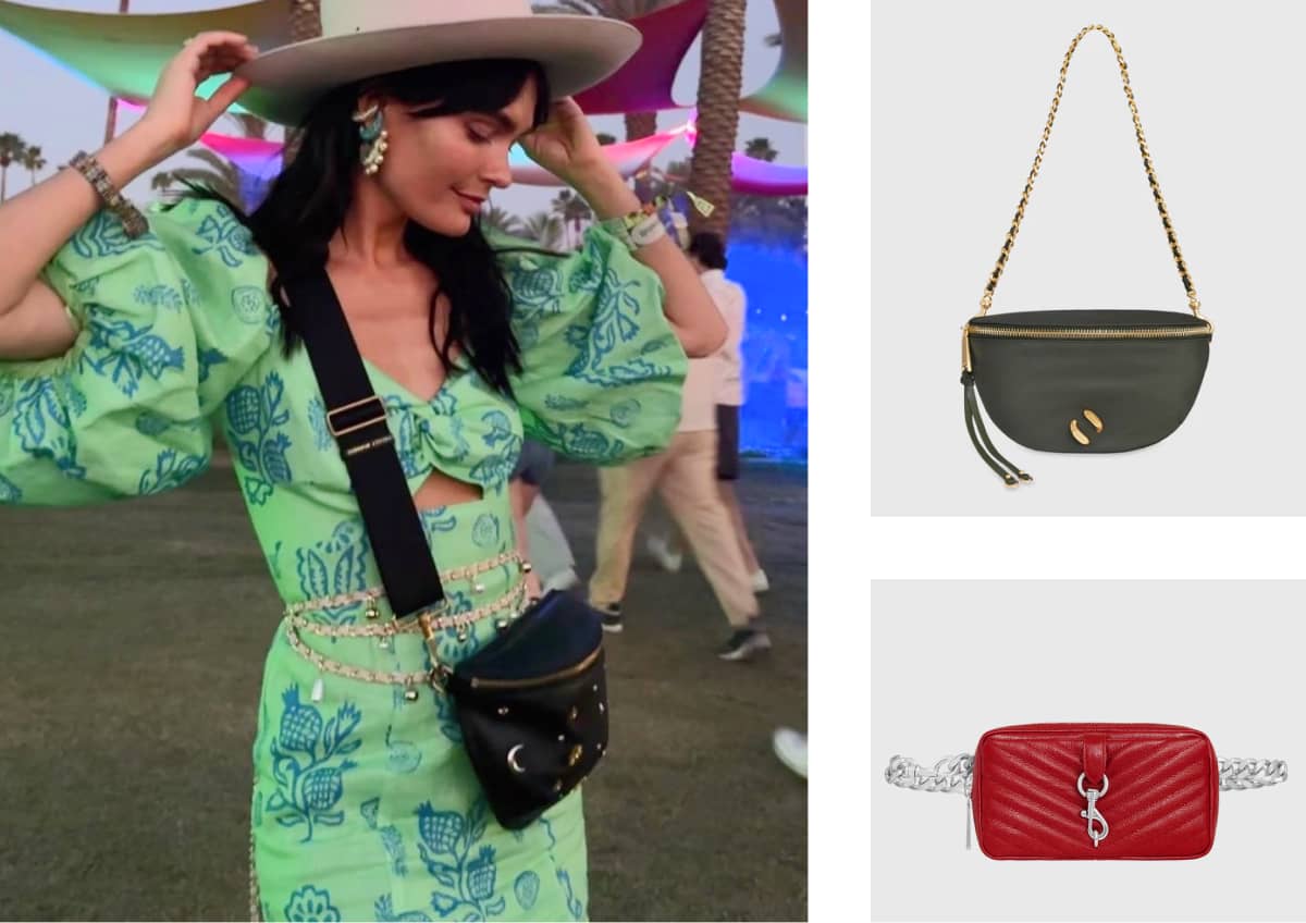 Coachella attendee wearing the Mystical Darren Belt Bag plus detail of City Nylon Belt Bag in Olive and Edie Belt Bag in Chili.