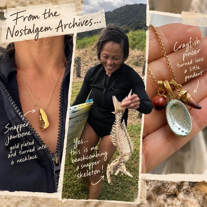 From the Nostalgem archives: snapper jawbone necklace and crayfish pincer pendant