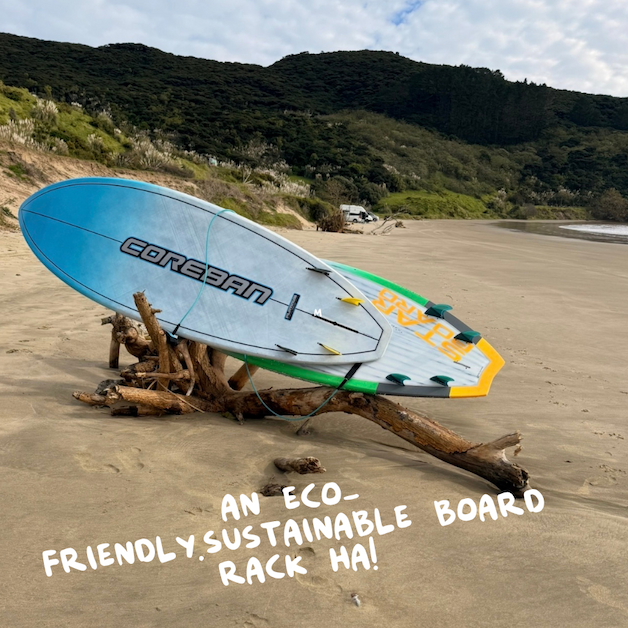 Driftwood board rack on the beach at Ahipara