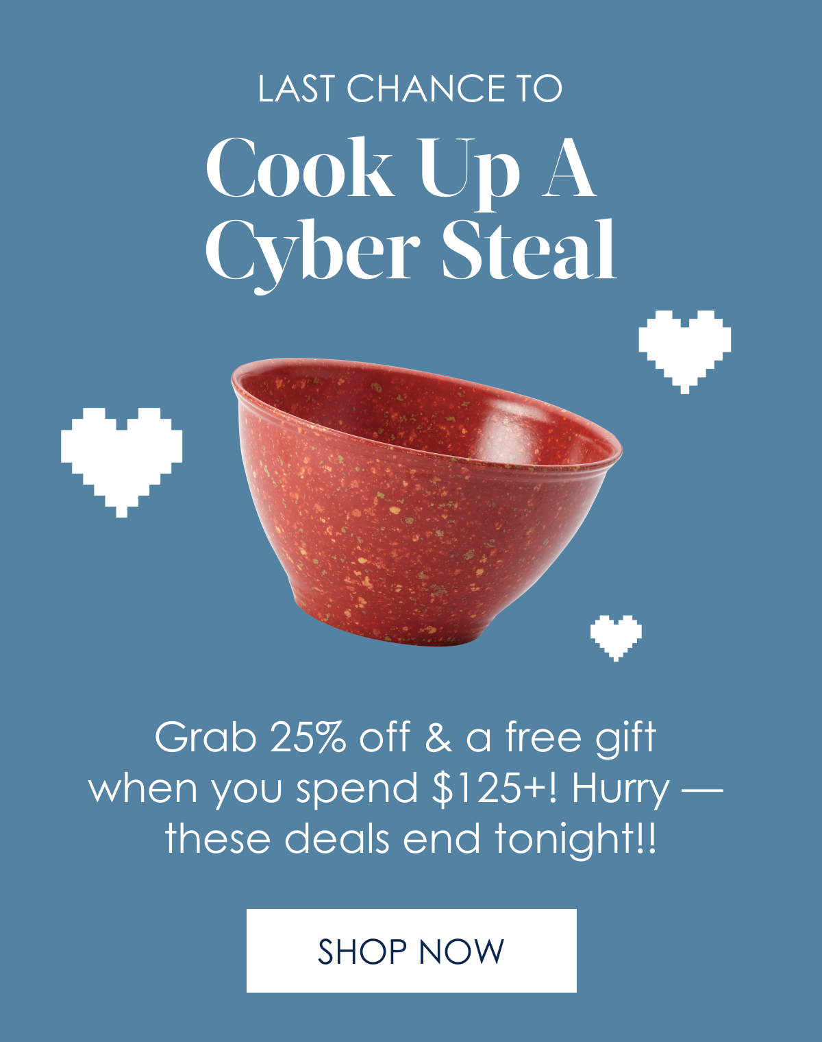 LAST CHANCE TO  Cook Up  A Cyber Steal!  Grab 25% off & a free gift when you spend $125+! Hurry—these deals end tonight!! Shop Now