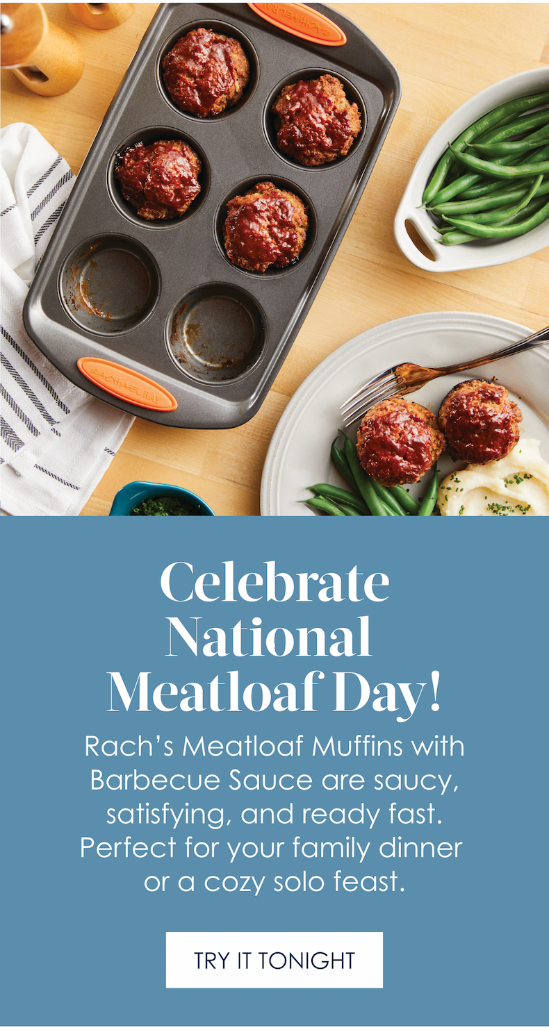 Celebrate National  Meatloaf Day! Rach’s Meatloaf Muffins with Barbecue Sauce are saucy, satisfying, and ready fast. Perfect for your family dinner or a cozy solo feast. TRY IT TONIGHT