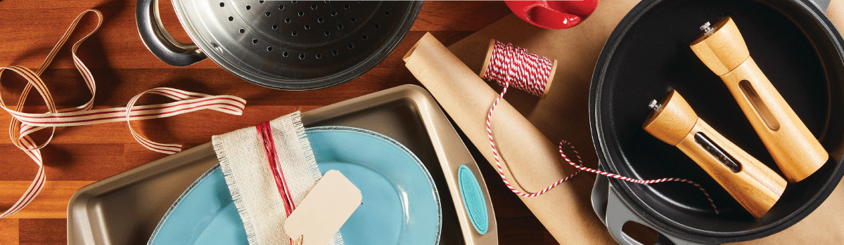 Image: Rachael Ray cookware and bakeware wrapped in Christmas packages and ribbons.