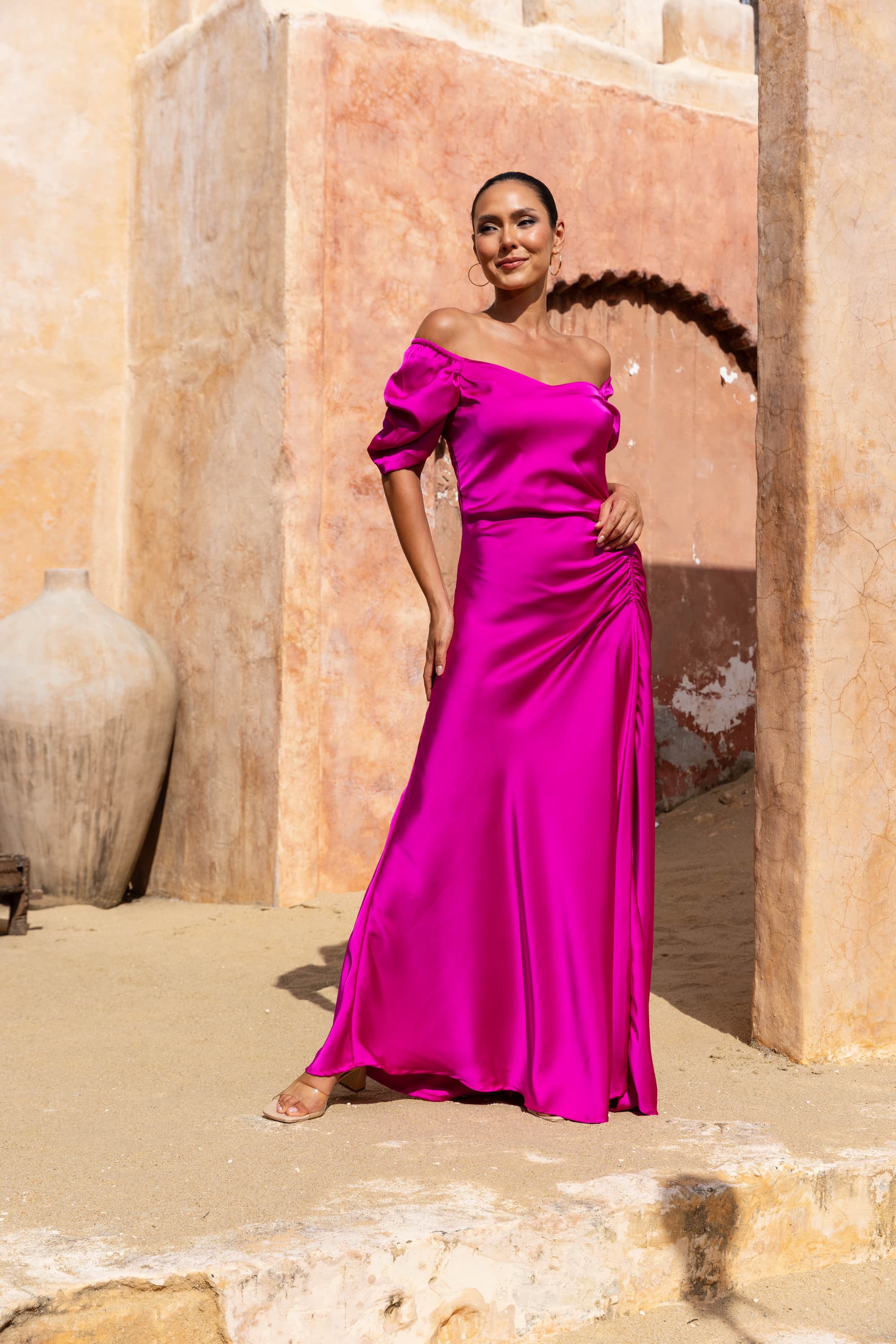 Ellie Sweetheart Glamour Dress in Hot Pink Satin