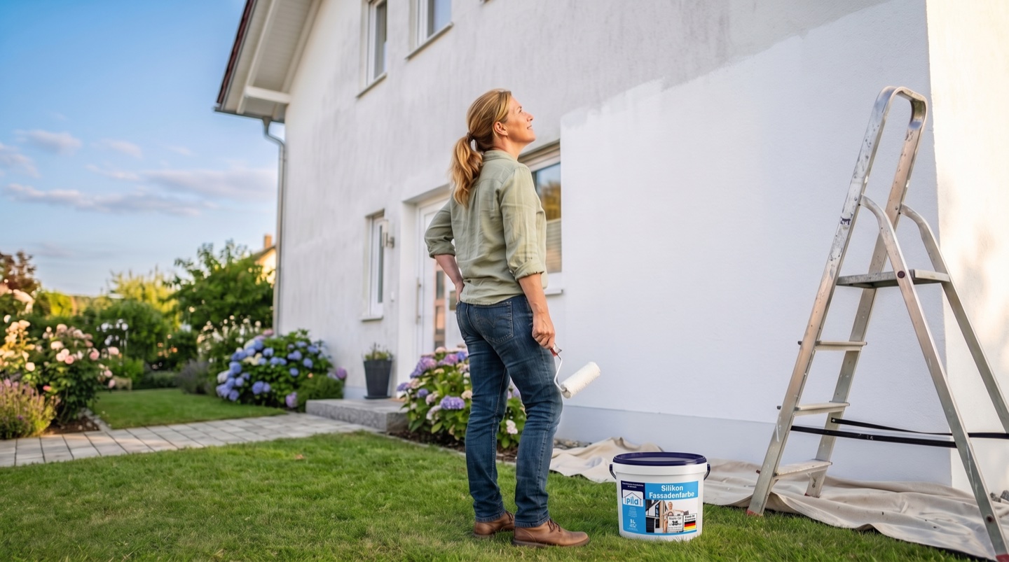 Frisch gestrichene weiße Fassade eines Einfamilienhauses — selbst gemacht