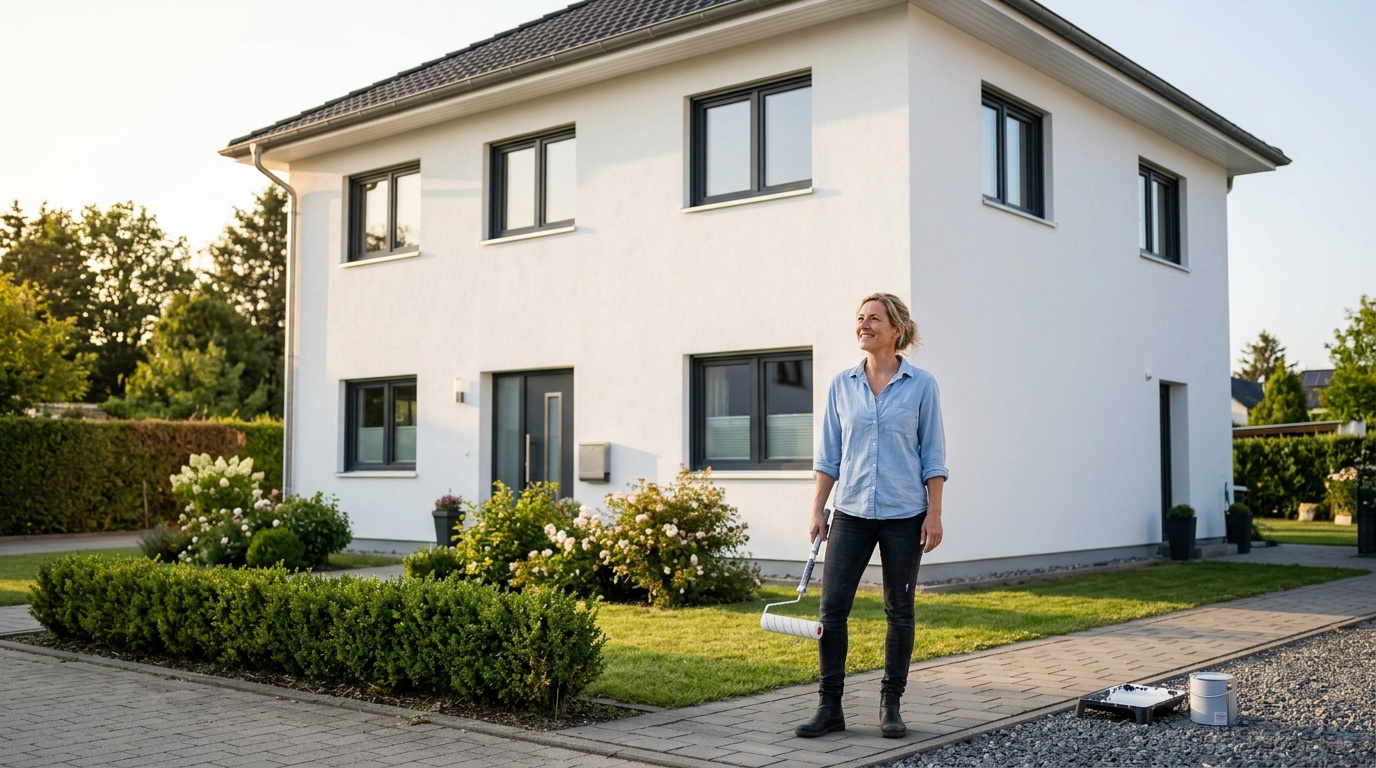 Frisch gestrichene weiße Fassade eines Einfamilienhauses im späten Frühlingslicht