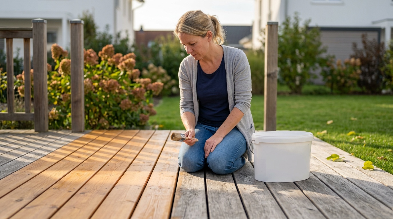 Frisch gestrichene Holzterrasse neben noch grauen, verwitterten Dielen