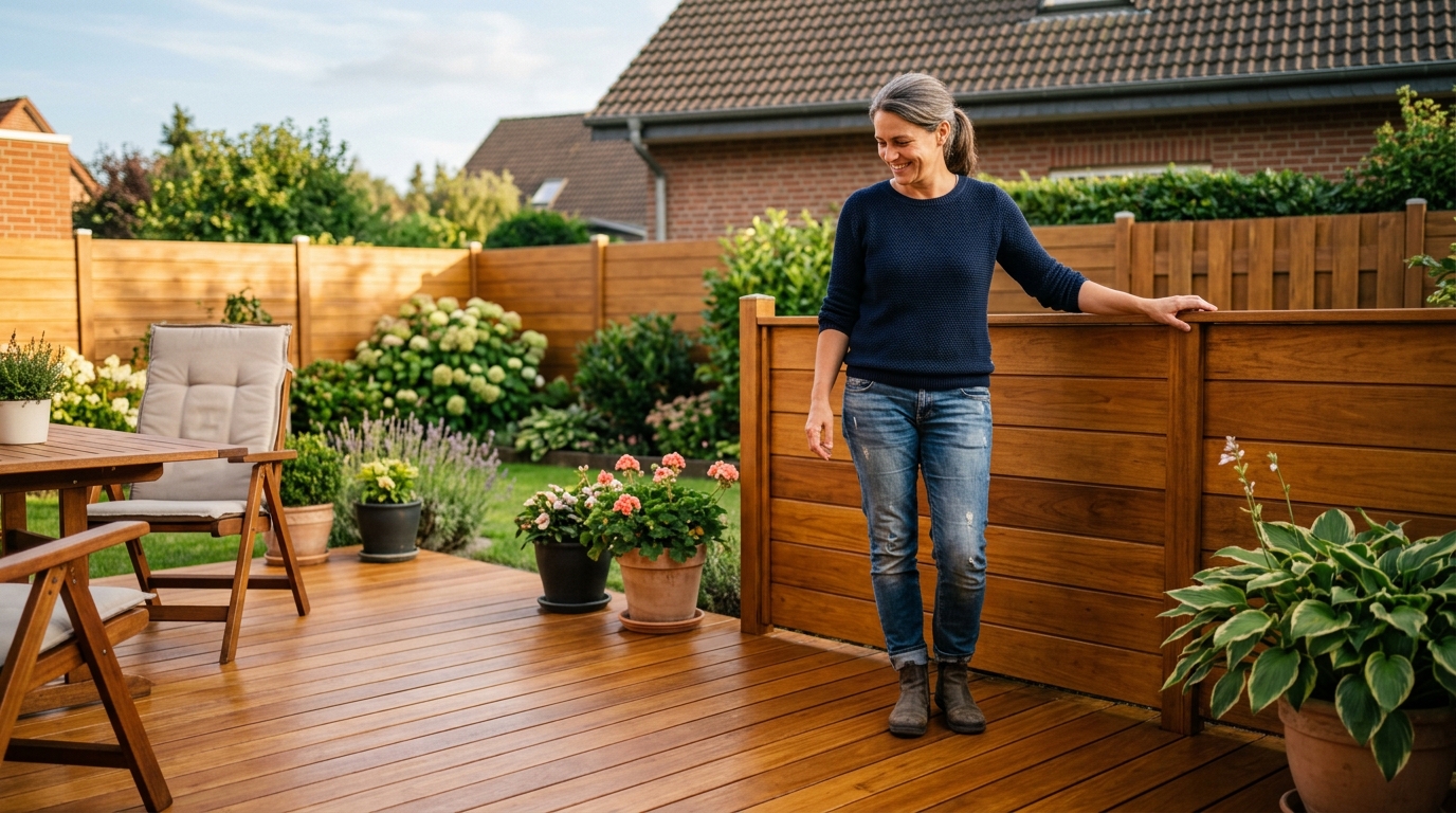 Frisch geölte Holzterrasse und Gartenzaun im Sommer