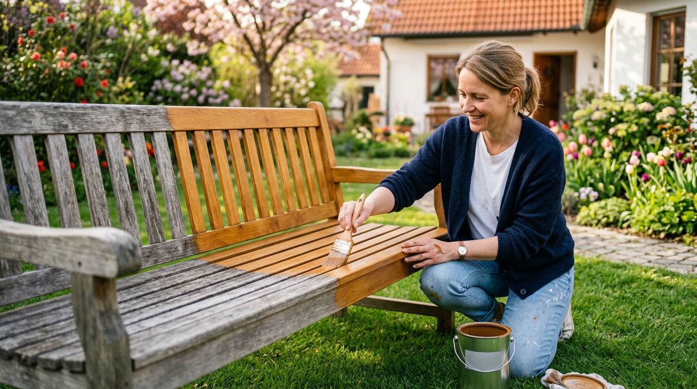 Frau lasiert verwitterte Gartenbank — frisches Honigholz wird sichtbar