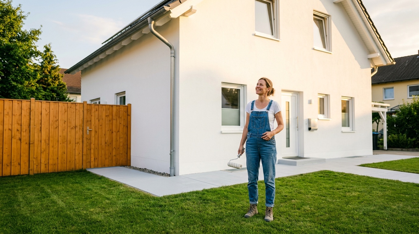 Frisch renoviertes Einfamilienhaus mit gestrichener Fassade und gepflegtem Holzzaun im Sommer