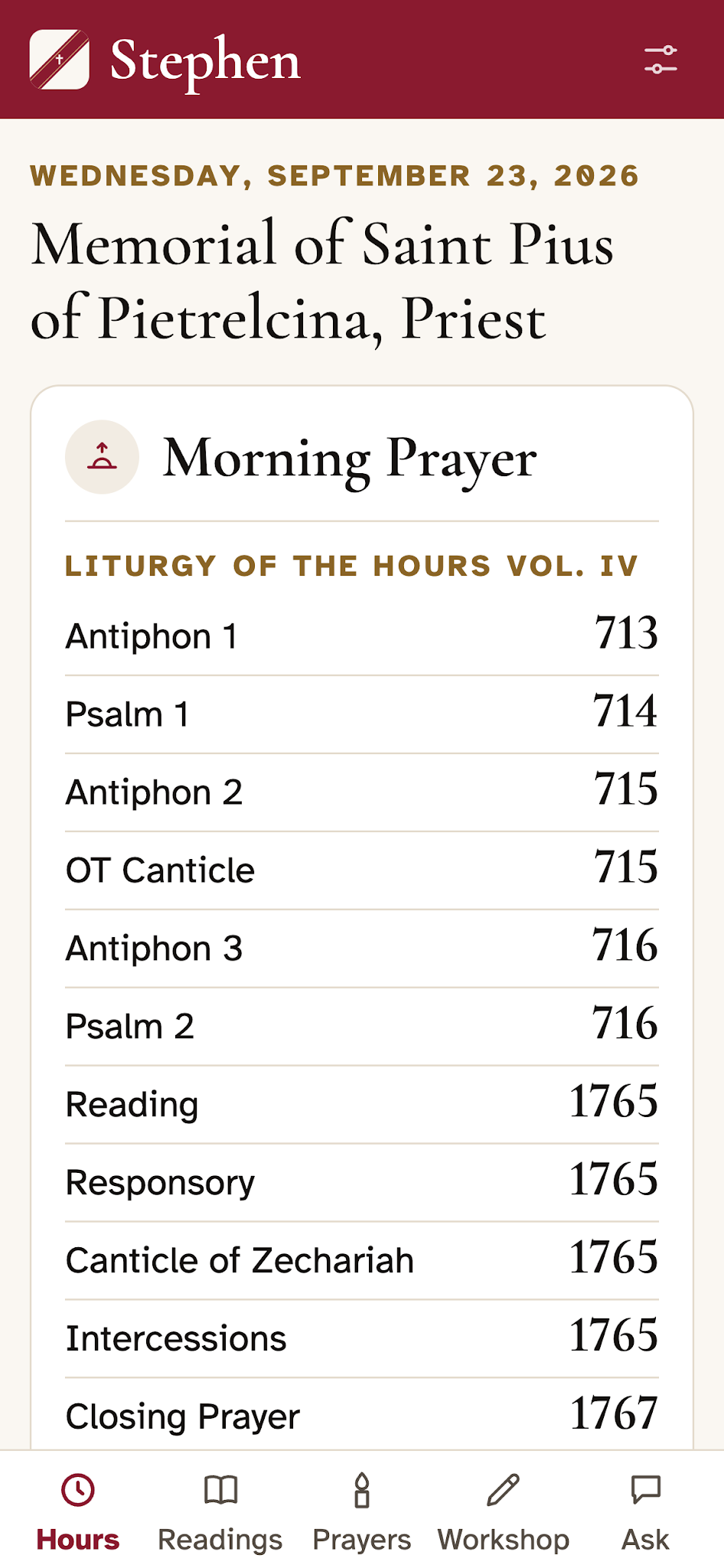 Stephen showing Morning Prayer page references on the Hours screen
