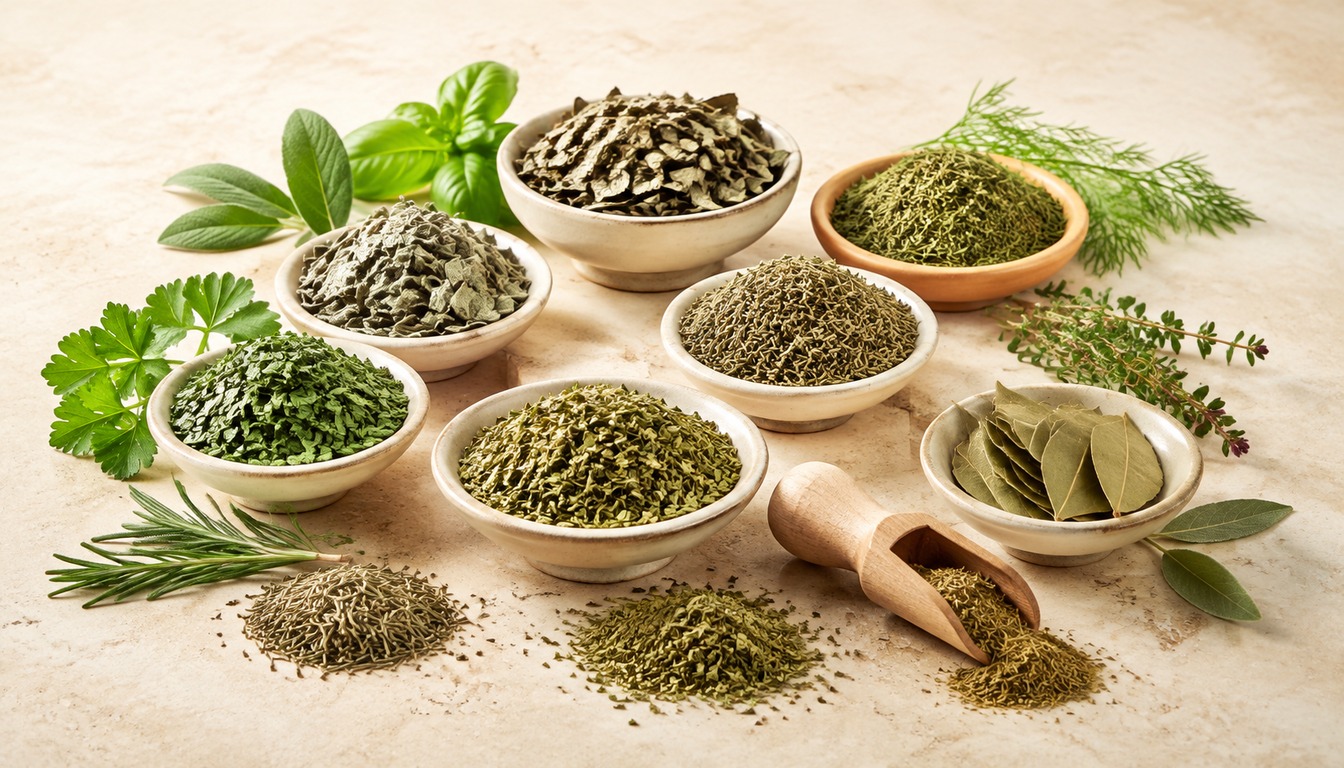 Fresh herbs, spices, and kitchen tools are arranged on a wooden table in front of a window.