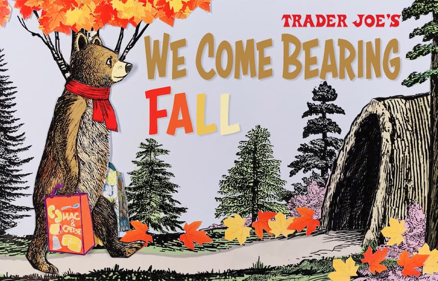 forest scene and a bear with a Trader Joe's bag walking back to its cave; title treatment of 'We Come Bearing Fall'