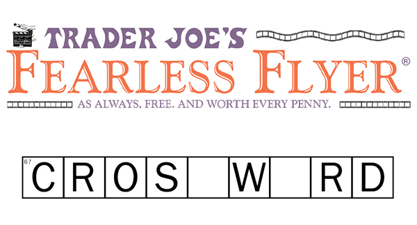 black and white crossword puzzle background with Trader Joe's August Fearless Flyer 2026 masthead banner overlaid