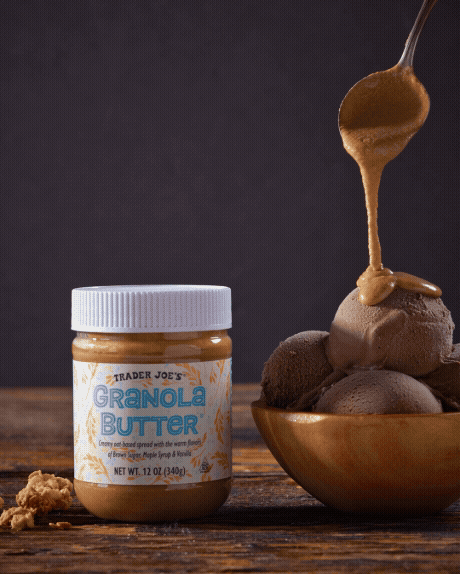 animated images - first with Granola Butter and a bowl of chocolate ice cream; second with spoon scoop of Granola Butter