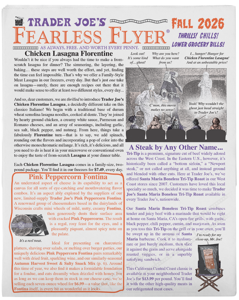 Title masthead for Trader Joe’s Fearless Flyer, Fall 2026 – newspaper front page shows cartoons and product story articles