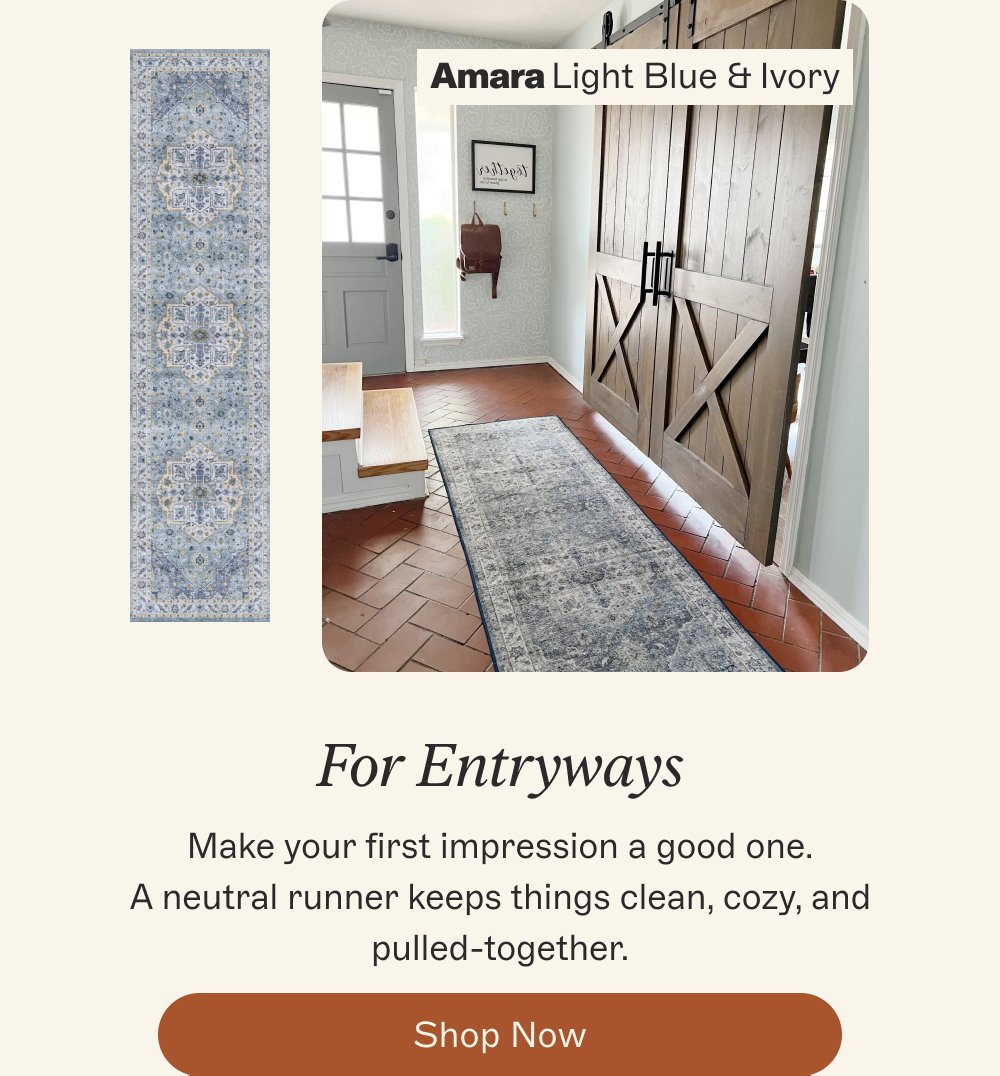 Amara Light Blue & Ivory For Entryways Make your first impression a good one. A neutral runner keeps things clean, cozy, and pulled-together. Shop Now