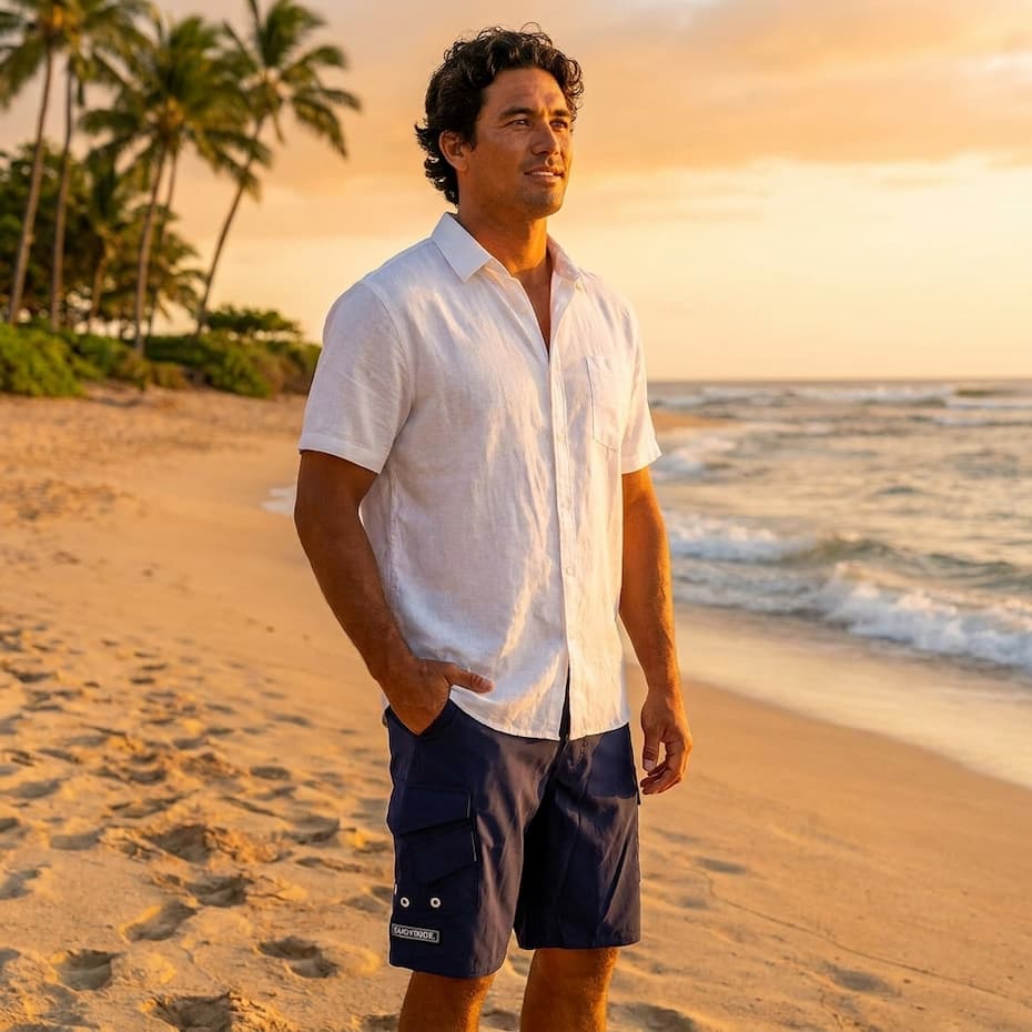 HIC Generals boardshorts in Navy at sunset