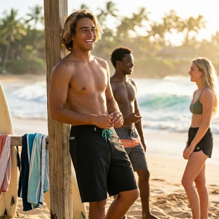 HIC Generals boardshorts in Black on the beach