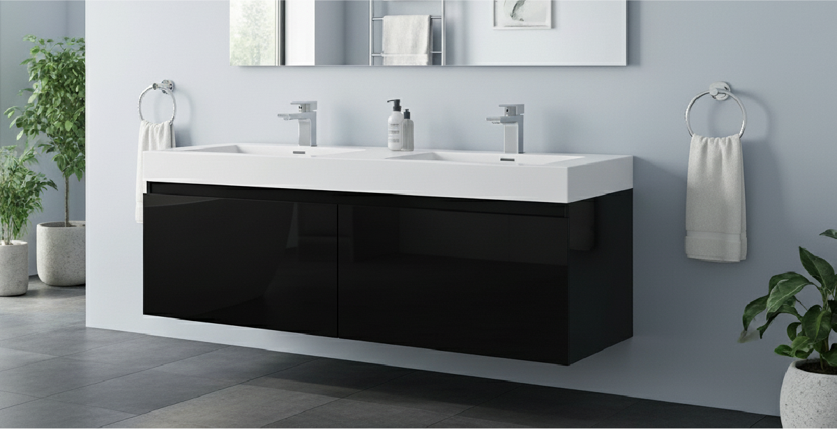 Fresca Mezzo 60" Black Modern Bathroom Vanity with Integrated Double Sink