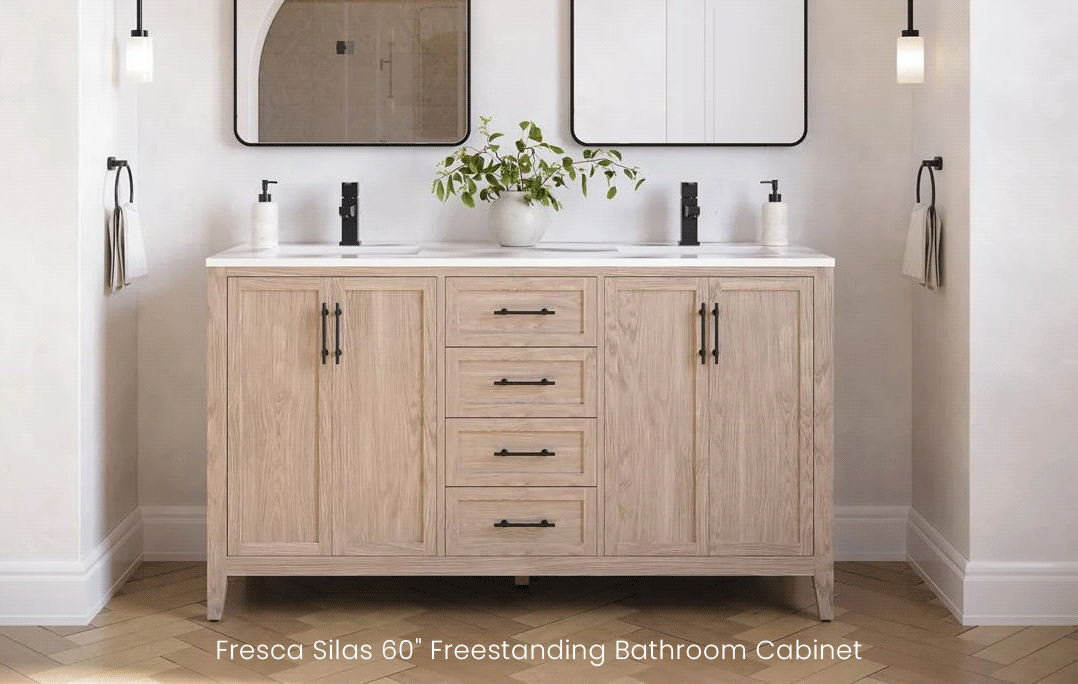 Fresca Silas 60" Freestanding Bathroom Cabinet with Top & Sinks in Vanilla Oak