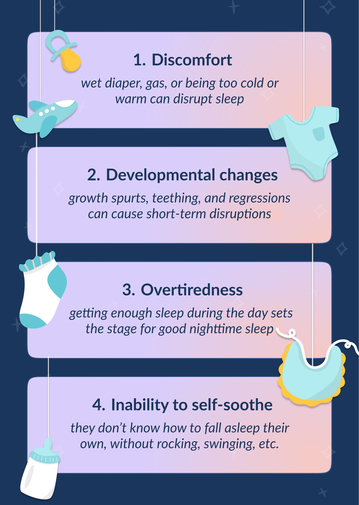 1.Discomfort 2.Teething 3.Sleep Regression 4.Overtiredness 5.Inability to self-soothe
