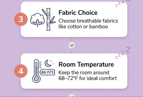 ✔ Choose breathable fabrics like cotton or bamboo ✔ Keep the room around 68–72°F for ideal comfort