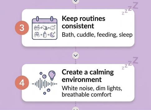3. Keep routines consistent – Bath, cuddle, feeding, sleep    4. Create a calming environment – White noise, dim lights, breathable comfort
