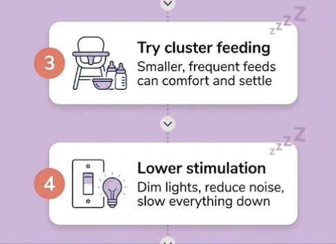 3. Try cluster feeding – Smaller, frequent feeds can comfort and settle    4. Lower stimulation – Dim lights, reduce noise, slow everything down