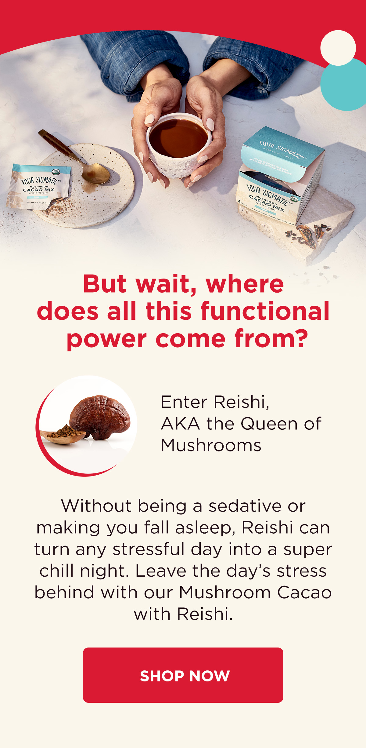But wait, where does all this functional power come from?  It comes from Reishi, AKA the Queen of mushrooms. Without being a sedative or making you fall asleep, Reishi can turn any stressful day into a super chill night.   Leave the day’s stress behind with our Mushroom Cacao with Reishi. 