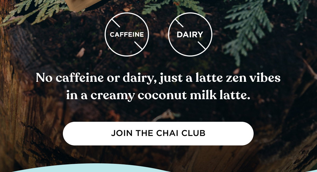 No caffeine or dairy, just a latte zen vibes in a creamy coconut milk latte. - JOIN THE CHAI CLUB