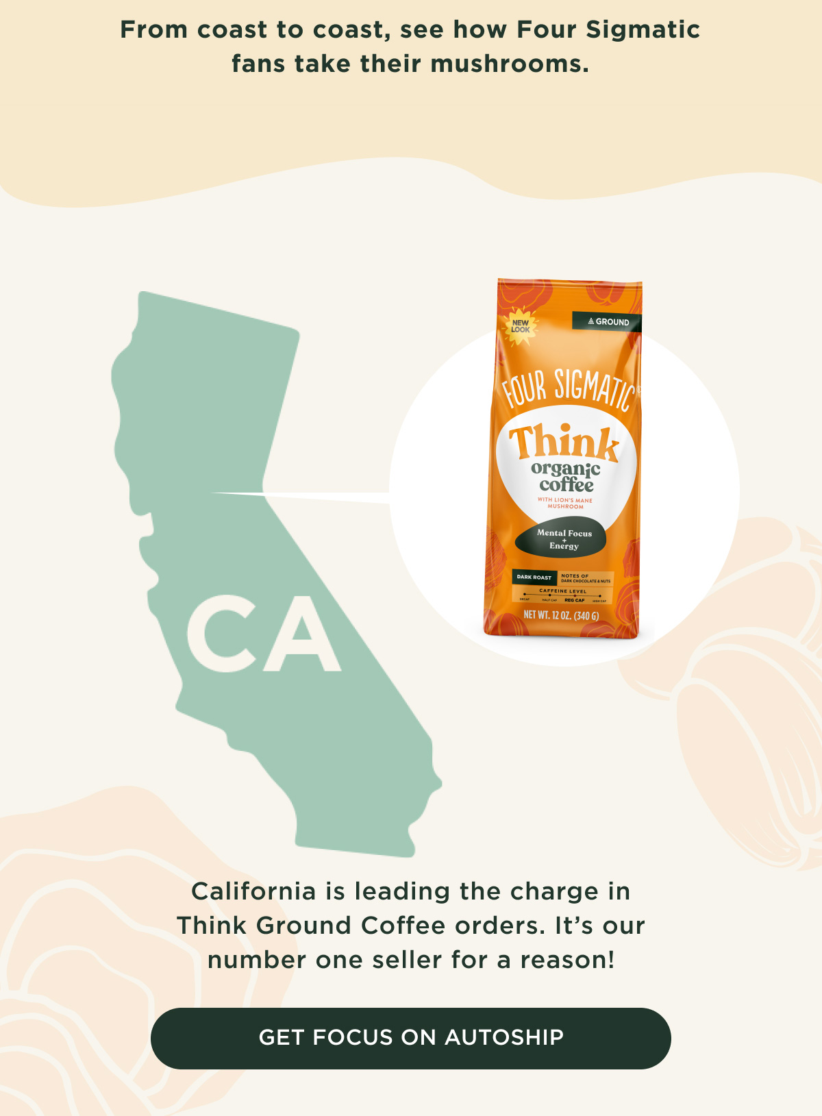 From coast to coast, see how Four Sigmatic fans take their mushrooms. | California is leading the charge in Think Ground Coffee orders. It's our number one seller for a reason! - GET FOCUS ON AUTOSHIP