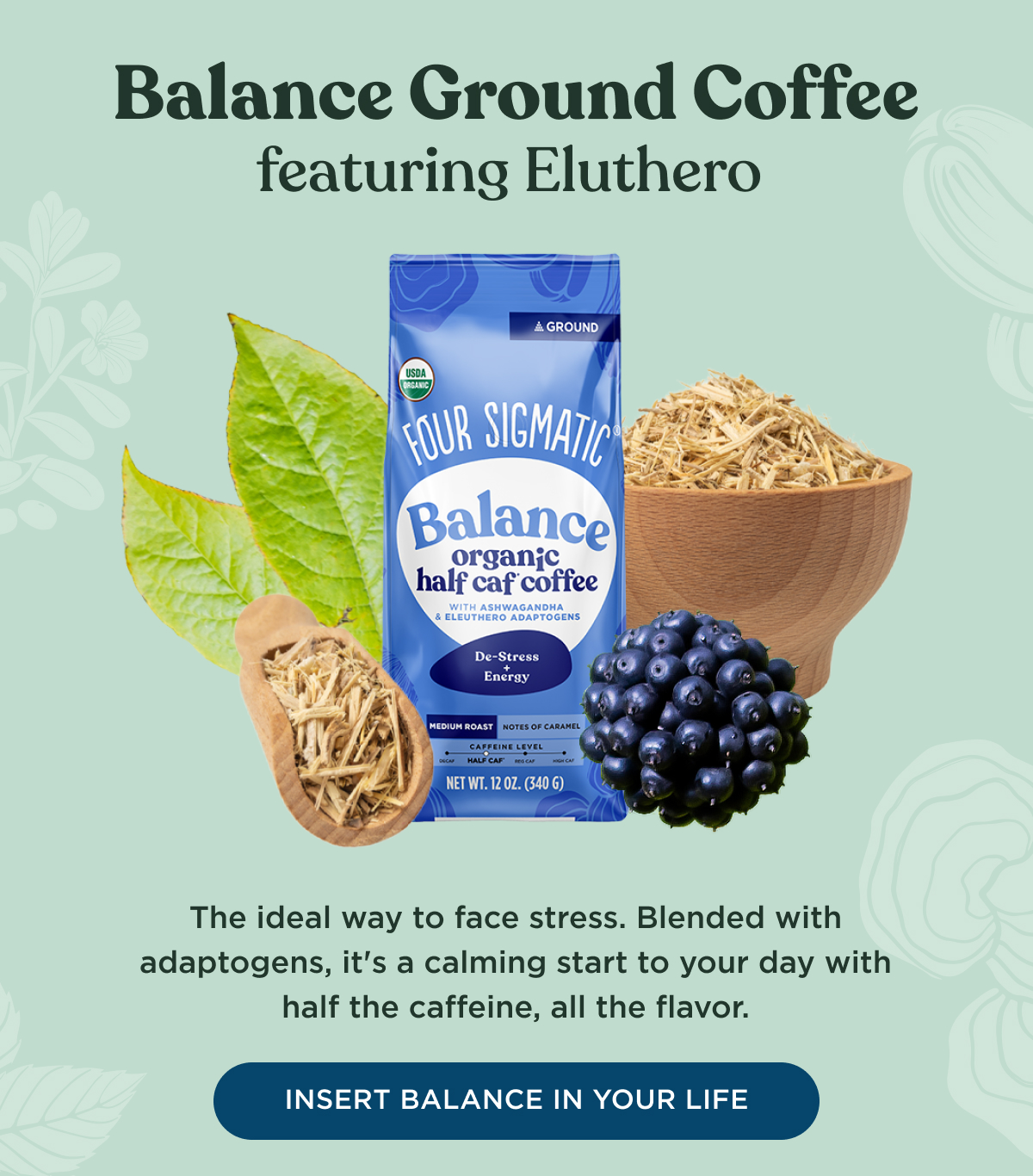 Balance Ground Coffee, The ideal way to face stress. Blended with adaptogens, it's a calming start to your day with half the caffeine, all the flavor.